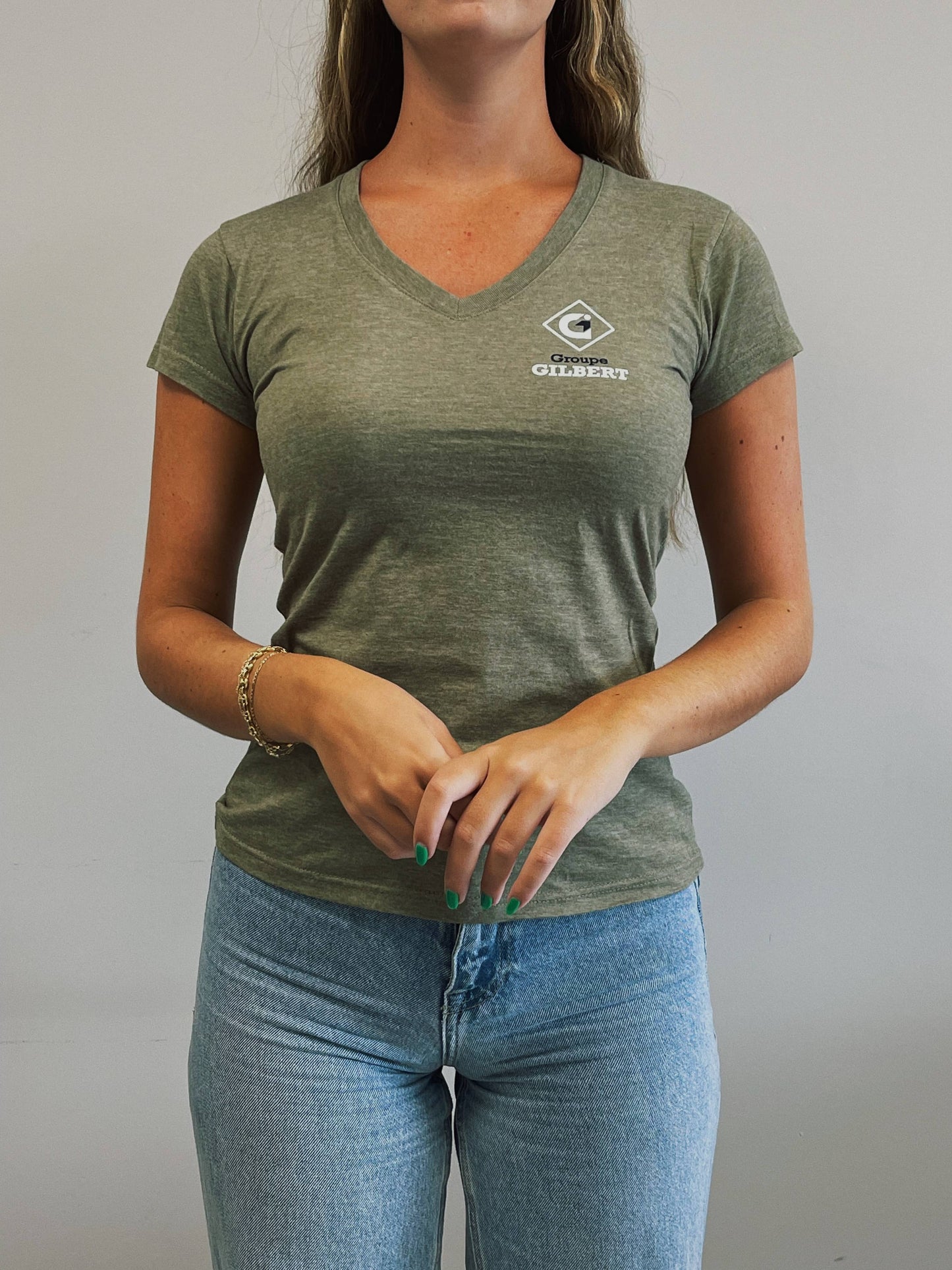 Green short-sleeved t-shirt (women) with V-neck