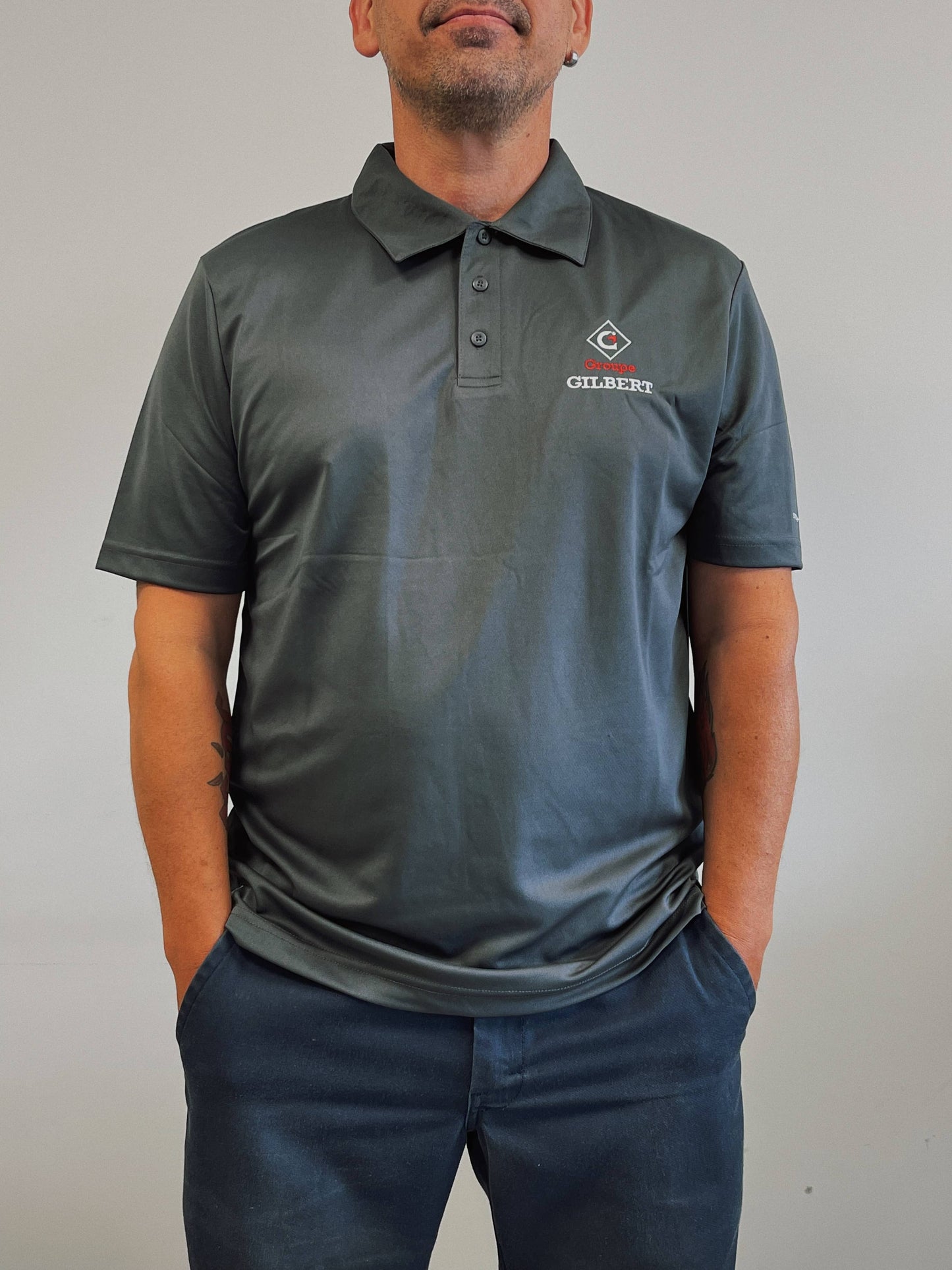 Gray short-sleeved polo shirt