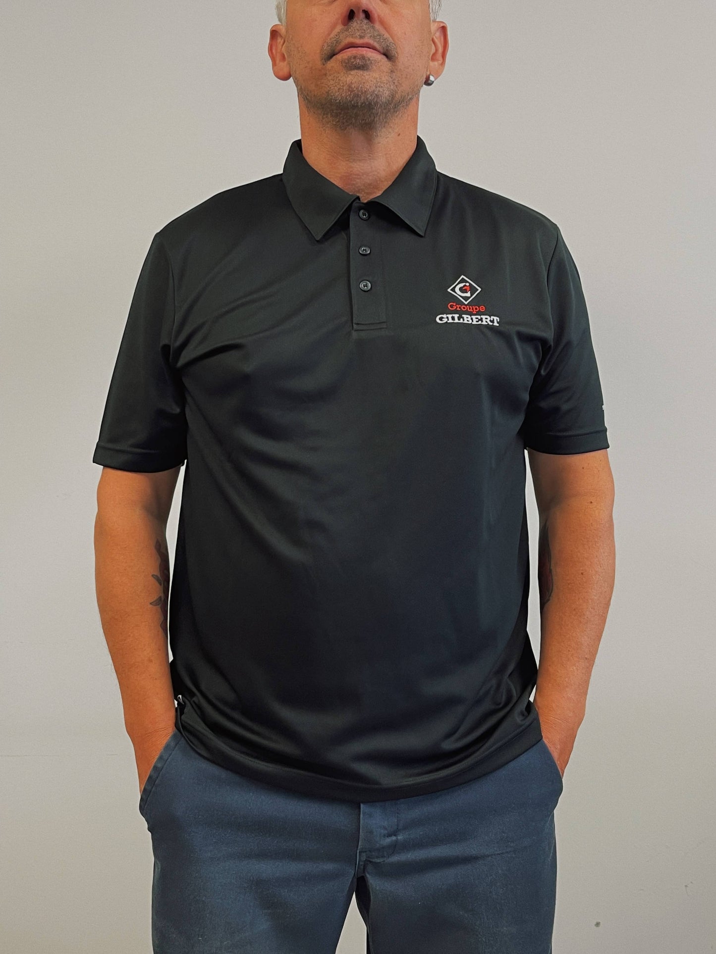 Black short-sleeved polo shirt