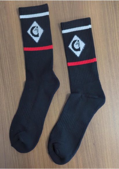Black socks (red and white stripes)